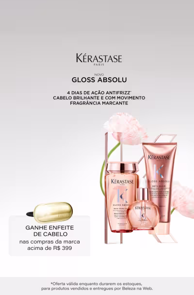 Kerastase Gloss Absolu, 4 dias de ação antifrizz, cabelo brilhante e com movimento, fragrância marcante. Ganhe Enfeite de cabelos nas compras acima de R$399,00.