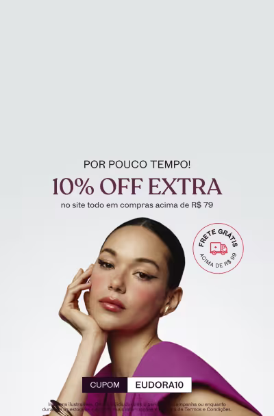 Mulher maquiada vestindo blusa roxa. Por pouco tempo! 10% off extra no site em compras acima de R$ 79. Cupom: EUDORA10.