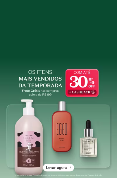 Produtos de beleza com até 30% de desconto. Inclui um sérum facial, um hidratante corporal e um desodorante colônia.