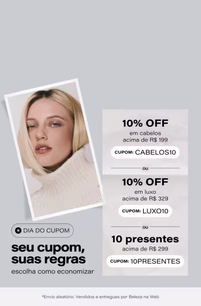 Dia do Cupom | Ganhe 10% OFF extra em cabelos acima de R$199 ou Ganhe 10% OFF em luxo acima de R$329 ou 10 presentes acima de R$299" *Envio aleatório *Vendidos e entregues por Beleza na Web