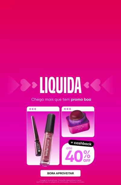 Imagem de fundo rosa vibrante com o texto "LIQUIDA DAS EXCLUSIVAS" em destaque. Abaixo, há uma promoção com dois produtos de maquiagem, com um desconto de 40% e a opção de parcelamento em até 10 vezes.