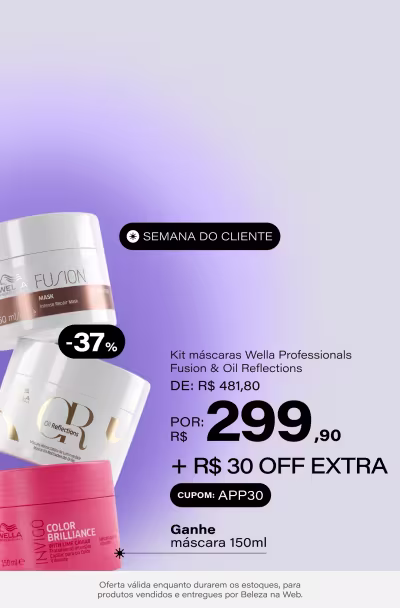 Kit Wella Professionals Fusion & Oil Reflections Duo Mask (2 Produtos) De: R$ 481,8 Por: R$ 299,9 Selo: 37% OFF + Ganhe Wella Professionals Invigo Color Brilliance - Máscara Capilar 150ml + CUPOM: APP30 *Vendidos e entregues por Beleza na Web