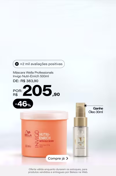 Wella Professionals Invigo Nutri-Enrich - Máscara Capilar 500ml De: R$ 383,9 Por: R$ 205,9 Selo: 46% OFF + Ganhe Óleo 30ml *Vendidos e entregues por Beleza na Web
