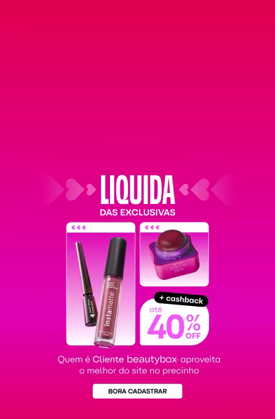Imagem de fundo rosa vibrante com o texto "LIQUIDA DAS EXCLUSIVAS" em destaque. Abaixo, há uma promoção com dois produtos de maquiagem, com um desconto de 40% e a opção de parcelamento em até 10 vezes.
