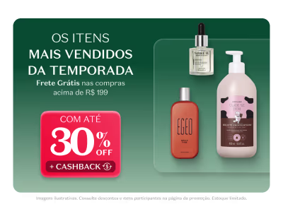 Produtos de beleza com até 30% de desconto. Inclui um soro facial, um hidratante corporal e um desodorante colônia. Frete grátis em compras acima de R$99,00.