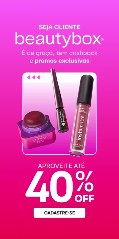 Imagem de fundo rosa vibrante com o texto "LIQUIDA DAS EXCLUSIVAS" em destaque. Abaixo, há uma promoção com dois produtos de maquiagem, com um desconto de 40% e a opção de parcelamento em até 10 vezes.