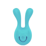 Vibrador de silicone em formato de coelho, com corpo azul-turquesa e botão de acionamento na parte central. Produto de beleza da marca Sexy Import.