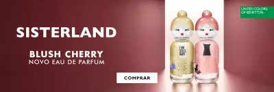 O banner apresenta o novo perfume "Blush Cherry" da marca Sisterland, com duas bonecas decorativas em tons de rosa e dourado.