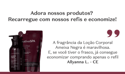 Imagem da Loção Corporal Ameixa Negra e seu refil. Depoimento elogia a fragrância e a economia ao comprar o refil.