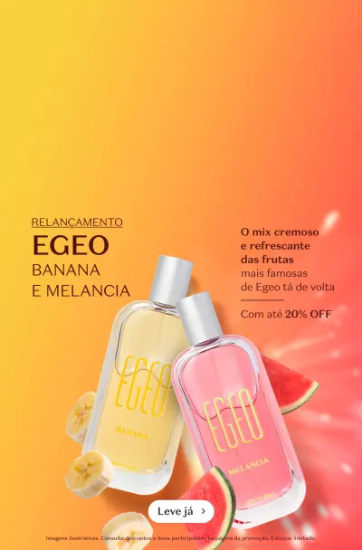 Relancamento Egeo Banana e Melancia com ambas as fragrâncias em destaque em um fundo divertido e colorido.
