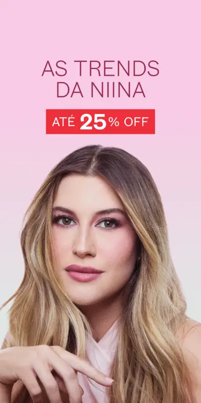 Foto de Niina Secrets em fundo rosa. Texto: As trends da Niina com até 25% off.