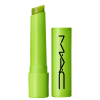 A imagem mostra uma embalagem de balm labial, cilíndrica, toda verde limão, com a tampa ao lado, também toda verde limão com a logo da marca MAC, escrito em preto. Tem um pouco do balm, também verde limão, à mostra.