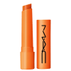 A imagem mostra uma embalagem de balm labial, cilíndrica, toda laranja, com a tampa ao lado, também toda laranja com a logo da marca MAC, escrito em preto. Tem um pouco do balm, também laranja, à mostra.