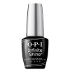 OPI Infinite Shine, um esmalte de unhas top coat de efeito gel. Embalagem em frasco de vidro com tampa prata. Rótulo preto na base com o logotipo OPI e o nome "Infinite Shine Gel-Like Top Coat" em letras brancas.