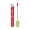 Gloss labial líquido de cor vermelha vibrante em embalagem cilíndrica transparente. Rótulo com o nome da marca "Intense" e ilustrações de fatias de melancia. Aplicador de cor branca com ponta felpuda vermelha. Tampa da embalagem na cor verde claro.