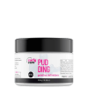 Pote plástico branco com tampa preta contendo um produto de definição de cachos da marca Curly Care. O rótulo indica que é um "Pudding Gelatina Definidora" vegano, com pH 4,2.