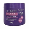Máscara matizadora Ilumini Blond da linha Verde Brasil Cosméticos. Embalagem roxa de 350g. Rótulo com texto "Ilumini Blond Matizador" e descrição "Ação matizadora para loiros, platinados e grisalhos". Destaque para os ingredientes açaí e jabuticaba.
