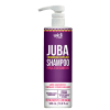 Frasco de shampoo Widi Care Juba, com bomba dosadora, em embalagem roxa com detalhes coloridos. Rótulo indica "Transição Capilar Shampoo - Força e Crescimento".