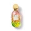 Frasco de perfume O.U.i. com design escultural em tons de rosa, amarelo e verde. Rótulo com nome da marca e informações sobre a fragrância "Madeleine 922 La Pistacherie".