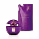 Perfume Eudora em frasco arredondado de vidro roxo com detalhes dourados. Sachê refil 200g de creme corporal hidratante desodorante Eudora Indulgent Cream na cor roxa, com detalhes em dourado.