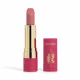Embalagem de um batom aberto, com corpo dourado e tampa e base rosa, escrito "Eudora Niina Secrets". A cor do batom é rosé e tem um relevo exclusivo em padrão floral na bala. Produto de beleza com design elegante e sofisticado.
