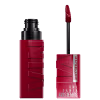 Frasco de batom líquido vermelho da linha Superstay Matte Ink da Maybelline, com aplicador em formato de pincel. Embalagem preta e vermelha com o nome da marca e do produto destacados.