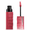 Maybelline Super Stay Matte Ink batom líquido em embalagem preta e rosa, com aplicador em formato de pincel. O rótulo exibe o nome da marca e a promessa de longa duração.