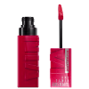 Produto de maquiagem da marca Maybelline, com embalagem vermelha e preta. Trata-se de um batom líquido com aplicador em formato de pincel, com a inscrição "Super Stay Ink Crayon" visível.