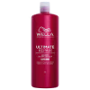Shampoo Ultimate Repair da linha Wella Professionals. Embalagem vermelha com capacidade de 1 litro. Texto Ultimate Repair, informações sobre o produto e logotipo da marca Wella em branco.