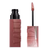 Produto de maquiagem Maybelline Super Stay Vinyl Ink, com embalagem preta e rosa, contendo um aplicador de ponta macia para aplicação do produto líquido de longa duração.