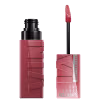 Produto de maquiagem Maybelline Super Stay Vinyl Ink, com embalagem preta e rosa, contendo um aplicador de pincel para lábios em formato cônico