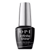 OPI Infinite Shine, um esmalte de unhas top coat de efeito gel. Embalagem em frasco de vidro com tampa prata. Rótulo preto na base com o logotipo OPI e o nome "Infinite Shine Gel-Like Top Coat" em letras brancas.