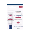 Embalagem de tubo branco e azul da marca Eucerin, contendo o produto Aquaphor, um reparador labial.