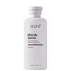 Frasco branco com rótulo da marca Keune, contendo o produto "Blonde Savior", um shampoo clareador com extrato de pérola. Texto em preto.