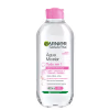 Frasco de Água Micelar Tudo em 1 da Garnier SkinActive, com 400ml de capacidade, embalagem de plástico transparente com tampa rosa e rótulo verde e branco.