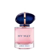 Frasco de perfume da linha "My Way" da Giorgio Armani, com tampa oval e detalhes em dourado, apresentando o nome da marca em destaque.