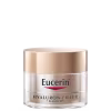 Frasco de creme facial Eucerin Hyaluron-Filler + Elasticity, com embalagem redonda em tons de bege e branco, exibindo o logotipo da marca e informações sobre os benefícios do produto.