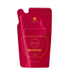 A imagem mostra o refil do creme hidratante corporal L'Amour-Esse de O.U.i. Sua embalagem é plástica, vermelho intenso com detalhes em dourado.