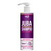 Frasco de shampoo Widi Care Juba, com bomba dosadora, em embalagem roxa com detalhes coloridos. Rótulo indica "Transição Capilar Shampoo - Força e Crescimento".