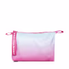 Necessaire de maquiagem em formato retangular. Exterior em material sintético com degradê de cores pastel, indo de azul claro a rosa com pequenos detalhes brilhantes espalhados. Design delicado e feminino, ideal para guardar e transportar cosméticos.