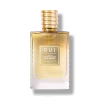Perfume em frasco de vidro transparente com líquido dourado. Tampa dourada com anéis. Rótulo retangular dourado com texto "OUÏ L'OR DE MÉDITERRANÉE POUR HOMME EAU DE PARFUM PARIS" em letras brancas com fundo dourado.