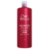 Shampoo Ultimate Repair da linha Wella Professionals. Embalagem vermelha com capacidade de 1 litro. Texto Ultimate Repair, informações sobre o produto e logotipo da marca Wella em branco.