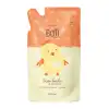 Refil de loção hidratante corporal da marca Boti Baby em forma de sachê nas cores laranja e amarelo claro com ilustração de passarinho amarelo com detalhes laranjas.