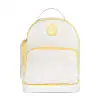 Mochila branca com detalhes em amarelo. A mochila tem formato arredondado e uma alça para carregar nas costas. Na frente, há um aplique com o passarinho Fido com o texto "Boti" bordado. As bordas e os zíperes são amarelos. Vista de frente.