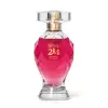 Vidro lapidado em formato de taça com líquido rosa vibrante, tampa transparente, pulverizador e letras douradas contendo 75ml de Eau de Parfum Botica 214 African Sunrise Floral Frutal.