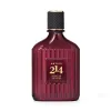 Vidro ondulado na cor vinho em formato quadrado com tampa preta e letras douradas no rótulo contendo 90ml de Eau de Parfum Botica 214 African Sunrise Fougére Amadeirado.