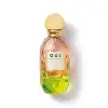 Frasco de perfume O.U.i. com design escultural em tons de rosa, amarelo e verde. Rótulo com nome da marca e informações sobre a fragrância "Madeleine 922 La Pistacherie".