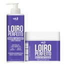 Produtos Widi Care: Shampoo matizador Loiro Perfeito em embalagem de 300 ml e máscara matizadora Loiro Perfeito em embalagem de 300 g, com rótulos em tons de roxo e branco.