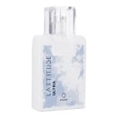 Frasco de perfume Hinode La Attitude Ultra, com embalagem branca e azul, contendo informações sobre a marca e o produto. O frasco possui formato retangular com detalhes em relevo, transmitindo uma aparência elegante e sofisticada.