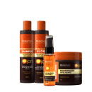 Kit com shampoo, máscara, gloss capilar e óleo capilar de Monohair Professional da linha Ojon Reconstrução Inteligente.